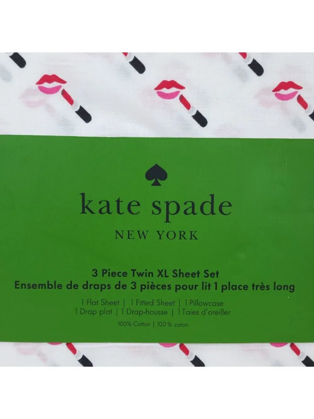 Kate Spade New York Twin XL 3-Piece Sheet Set Lipstick Kiss Print Black Red Pint